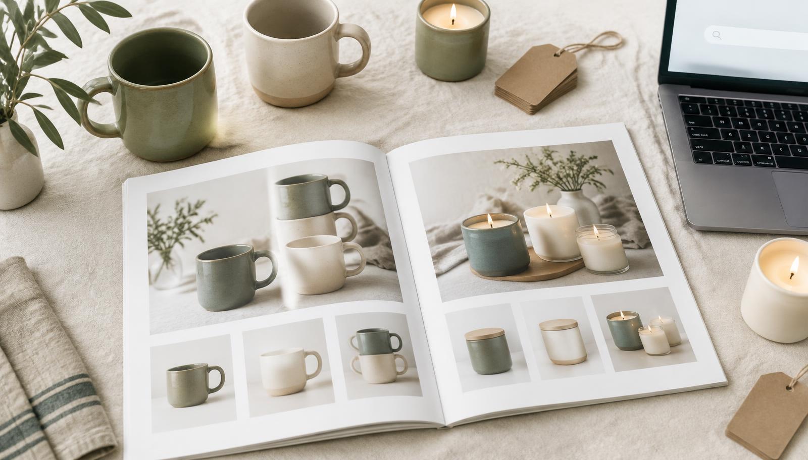 Wholesale product catalog with ceramic mugs and candles next to a laptop search bar
