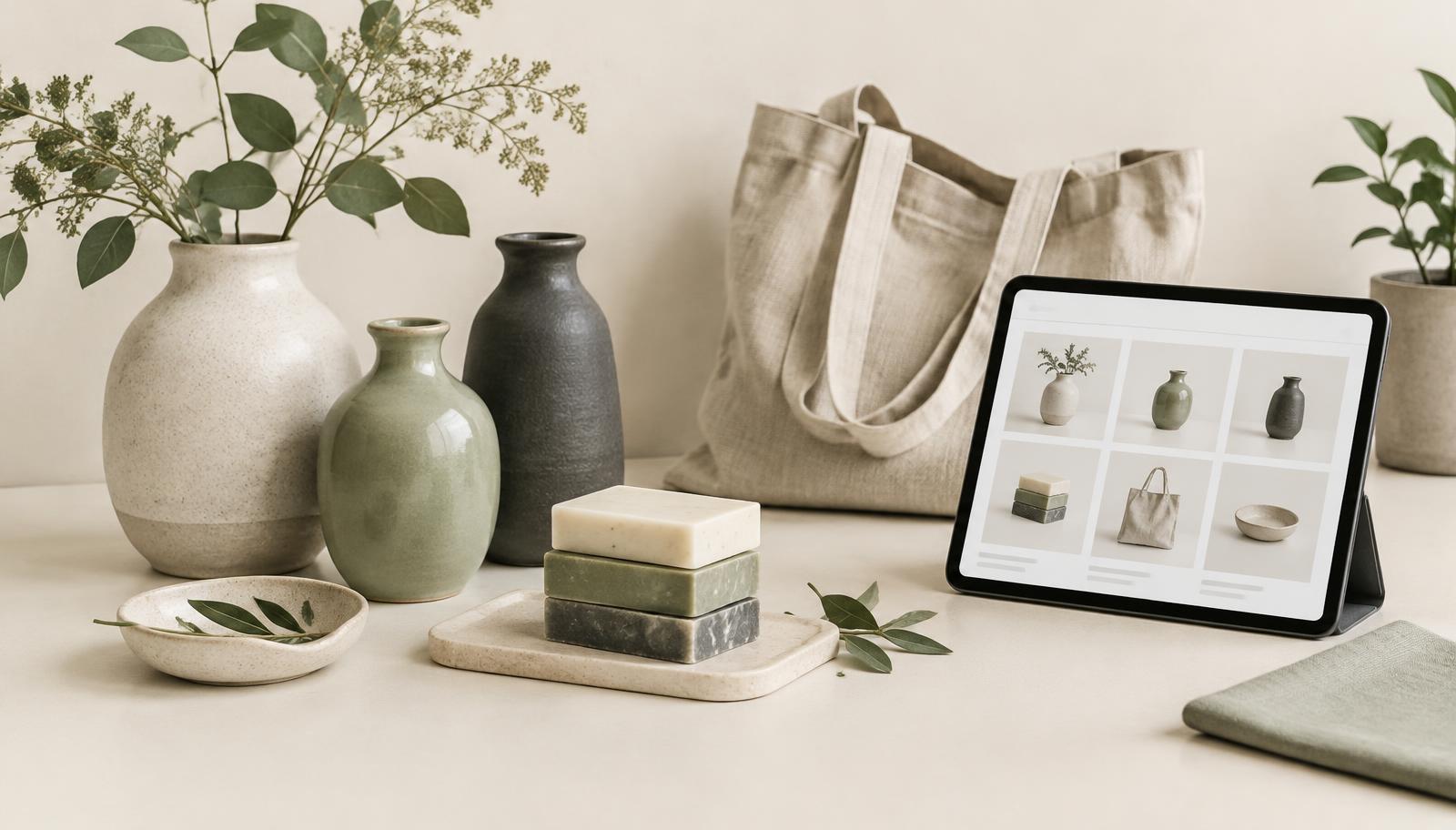 Handmade ceramic vases and home goods arranged beside a tablet showing an online wholesale storefront